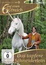 Text: "6 auf einen Streich", "Das tapfere Schneiderlein". Ein Mann mit einem Einhorn in einem Wald, freundlich und lächelnd.