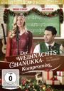 Oben „Brooke D'Orsay, Jake Epstein“, Mitte „Der Weihnachts-Chanukka-Kompromiss“. Frau in Rot, Mann in Grün vor Tafel.