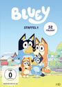 „Bluey Staffel 1“ steht oben. Unter dem Titel „52 Folgen!“ Darunter eine blaue Hunde-Familie.