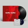 Text auf rotem Hintergrund: "GURU GURU - Live in Concert". Schwarze Vinyl-Schallplatte, DVD und CD mit Text und Muster.