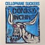 Text: "CELLOPHANE SUCKERS" oben, "DONKEY INCHING" in der Mitte. Illustration: Abstrakter Esel, lebhafte Farben.