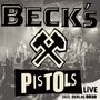 "BECK'S PISTOLS LIVE 2025, BERLIN, SO36." Schwarz-weiß, Rockkonzertszene mit Band auf der Bühne, stilisierte Hämmer.