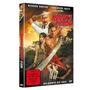 "Karate Champ: The Sword of Bushido." Personen mit Schwertern vor einem tropischen Hintergrund, Artwork-Stil.