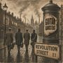 "Revolution Street. Guitar Gangsters." Vier Männer in Mänteln laufen auf nasser Straße, tragen Gitarrenkoffer. Vintage-Stadt.