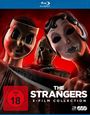 "The Strangers 3-Film Collection. FSK 18. Drei Personen mit bedrohlichen Masken, zwei in Nahaufnahme."