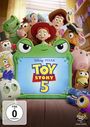 "Toy Story 5". Disney-Pixar. Figuren wie Cowboy, Astronaut, Dinosaurier und andere Spielzeuge blicken überrascht nach vorne.