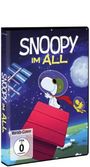 "SNOOPY IM ALL" in großen Buchstaben. Illustration: Snoopy im Raumanzug auf seiner Hundehütte; Planet Erde im Hintergrund.