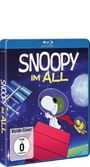 Text: "SNOOPY IM ALL", "Vorab-Cover", "FSK 0". Illustration: Snoopy in einem roten Flugzeug im Weltraum, mit Erde und Weltraumstation.