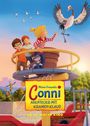 "Meine Freundin Conni – Abenteuer mit Kranich Klaus. Ab 14. Mai im Kino." Kinder, ein Kranich und ein Hund auf einem Turm.