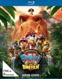 „PAW Patrol: Der Dino Film“ oben; „Ein dino-starkes Abenteuer“, „Nur im Kino“. Hunde mit Dino in tropischer Landschaft.