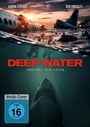 Text: "Aaron Eckhart, Ben Kingsley, DEEP WATER - Umringt von Haien, FSK ab 16 freigegeben". Ein Flugzeugwrack bei Sonnenuntergang, Menschen im Wasser, darunter ein Hai.