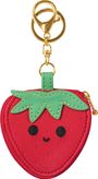 Ein Schlüsselanhänger in Form einer Erdbeere mit einem lächelnden Gesicht, grünem Blatt und goldenem Karabiner.