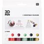 "3D PEN", "1 CHRISTMAS COLOURS", "6 PENS". Weihnachtsdesigns, bunte Kreise, 6 Stifte sichtbar in Weiß, Rot, Lila, Grün, Schwarz, Gold.
