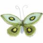 Keine Texte. Ein Filzschmetterling in Grün- und Blautönen, Drahtantennen oben.