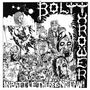 "Bolt Thrower. In Battle There is No Law." Illustration von grotesken, kriegerischen Figuren und Schädeln in düsterem Stil.