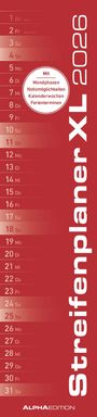 : Streifenplaner XL ROT 2026 - Streifenkalender 15x64 cm - Wandplaner - Küchenkalender - schmales Design - eine Spalte - Langplaner, KAL