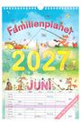 Familienplaner 2027, Juni. Illustration mit Tieren, die musizieren und entspannen. Tabelle mit Wochentagen und Terminen.