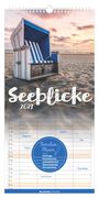 „Seeblicke 2027“, Familien-Planer. Oben ein Strandkorb am Meer bei Sonnenuntergang. Darunter ein Kalenderlayout.