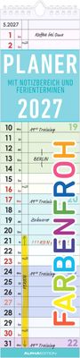 „5.2027“, „Kaffee bei Oma“, „PLANER MIT NOTIZBEREICH UND FERIENTERMINEN 2027“, „BERLIN“, „Zahnarzt“, „FARBENFROH“. Kalender mit Spiralbindung.
