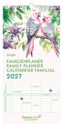 "Jungle Familienplaner Family Planner Calendrier Familial 2027. Illustration von Papageien auf Ästen mit Blättern und Blumen."