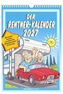 "Der Rentner-Kalender 2027" steht oben. Illustration: Ein älteres Paar fährt in einem roten Cabrio, lächelnde Sonne, Wohnmobil.