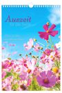 "Auszeit für die Seele" und "Einfach nur stehen, sehen, fühlen und staunen". Bunte Blumen vor blauem Himmel.