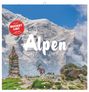 Text: "Alpen 2027 The Alps" und "PLUS BUCKET LIST". Ein Steinmännchen und ein Steinbock vor verschneiten Bergen.