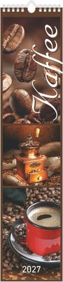 Großer Schriftzug „Kaffee“, darunter Kaffee in Bohnen, Mühle und Tasse. Jahreszahl „2027“ steht am unteren Rand.
