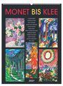 Text: "Monet bis Klee", Liste von Künstlernamen, Jahr 2027. Oben Gemälde von Natur und Figuren in lebhaften Farben.
