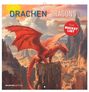 „DRACHEN DRAGONS 2027“ und „PLUS BUCKET LIST“. Eine Illustration eines roten Drachens auf einem Felsen in einer Berglandschaft.