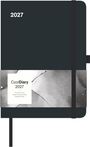 Text: "2027", "CoolDiary 2027", "One week-to-view Perfect for personal notes Keepsake pocket". Schwarzes Tagebuch mit Gummiband.
