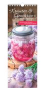 "Kräuter & Gewürze: Küchenplaner. Mit Küchentipps, Rezepten, viel Platz für Notizen. Glasgefäß mit roten Blüten auf Holz."