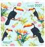 "Jungle 2027" ist oben rechts, darunter bunte Tukane, Blüten und Blätter auf hellblauem Hintergrund.