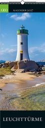 Kalender 2027, Leuchttürme. Ein Leuchtturm auf felsiger Küste mit blauem Himmel im Hintergrund.