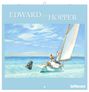 "EDWARD 2027 HOPPER" zeigt ein Gemälde eines Segelboots auf ruhigem Meer mit klarblauem Himmel und weißen Wolken.