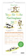 "Yoga für Kühe Familienplaner 2027" steht im Mittelpunkt. Illustrationen von Kühen in Yoga-Posen umgeben den Text.