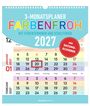 3-Monatsplaner "FARBENFROH" 2027 mit Ferienterminen. Roter Stempel: "mit DATUM-SCHIEBER". Kalender mit bunten Feldern.