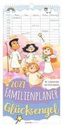 "2024 FAMILIENPLANER Glücksengel" oben Kalenderblatt mit Namen und Aktivitäten. Illustration fröhlicher Engel.