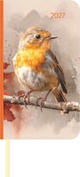 Text "2027" in Orange, Illustration eines Rotkehlchens auf einem Ast mit Aquarell-Hintergrund.