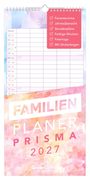 Kalender mit Text: "Ferientermine, Jahresübersicht, Stundenpläne, Farbige Wochen, Feiertage, Mit Stickerbogen. FAMILIEN PLANER PRISMA 2027". Pastellfarbene Gestaltung.