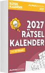 "Rätselkalender 2027, Mit 313 Rätseln, ALPHAEDITION." Eine Illustration mit Glühbirne, Details von Rätseln im Hintergrund.