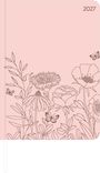Text: "2027". 

Illustration eines rosa Hintergrunds mit Blumen und Schmetterlingen in feinen Linien.