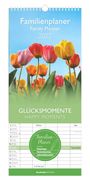 Familienplaner 2027. Glücksmomente. Bunte Tulpen vor blauem Himmel. Tabellenansicht für Termine. Logo: ALPHA Edition.
