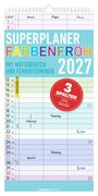 "5.2027", "Mama", "Papa", "Eleanor", "SUPERPLANER FARBENFROH 2027", "MIT NOTIZBEREICH UND FERIENTERMINEN", "3 SPALTEN XXL Breite". Ein bunter Kalender mit drei Spalten.