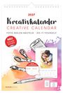 "2027 Kreativkalender: Foto, Malen, Basteln, Do-it-yourself. Illustration von Schere, Pinsel, Stift, Handy und Kalenderblatt."