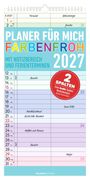 Kalenderseite: "Planer für mich farbenfroh 2027" mit Notizbereich und Ferienterminen. Zwei Spalten. Augusttermine.