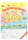 „Familienplaner 2027 Juli“ in bunter Schrift. Illustration mit Tieren und Luftballons auf gelbem bis blauem Hintergrund.