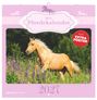 "Mein Pferdekalender 2027", Kreis mit "Plus Extra Poster". Ein Pferd auf einer Wiese voller lila Blumen.