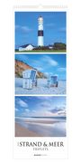 2027 STRAND & MEER TRIPLETS. Kalenderblatt mit Leuchtturm, Strandkörben und Küstenlandschaft in Blautönen.