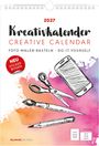 2027 Kreativkalender. Foto, Malen, Basteln, Do-it-yourself. Illustration von Schere, Handy, Pinsel auf buntem Hintergrund.